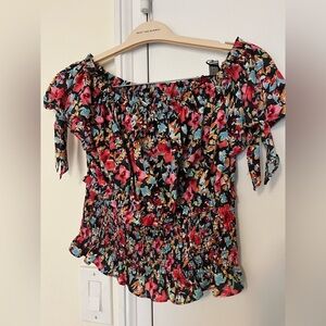 Zara Medium Black Floral Off Shoulder Smocked Blouse​​​​